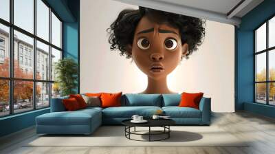 Sad stressed upset African cartoon character young woman female girl person wearing white top in 3d style design on light background. Human people feelings expression concept Wall mural