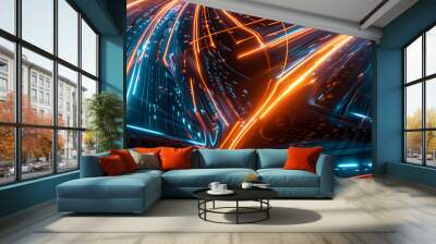 science energy technology concept blue orange light streaks race track background speed digital domain gliding flash source future growth young megabit connectivity web Wall mural