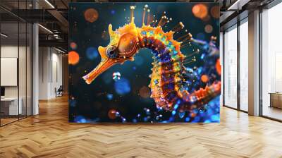 seahorse orange thermal texture flying through splashing iridescent ferrofluid blue Wall mural