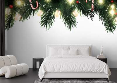 Seamless decorative christmas border with coniferous branches and garlands of christmas lights on transparent background Wall mural