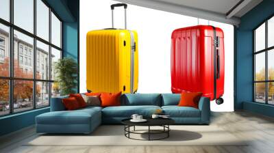 Set of travel suitcases, blue, yellow, red and black isolated on transparent background Wall mural