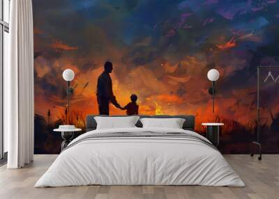 shadow of father and son shaking hands, camp fire Wall mural