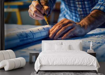 Shot of architect rolling out a blueprint on a drawing board Wall mural