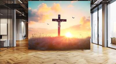 Silhouette jesus christ crucifix on cross on calvary sunset background concept for good friday he is risen in easter day, good friday worship in God, Christian praying in holy spirit religious. Wall mural