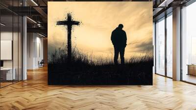 Silhouette of a man next to a cross, hope in faith during a depression, black charcoal drawing Wall mural