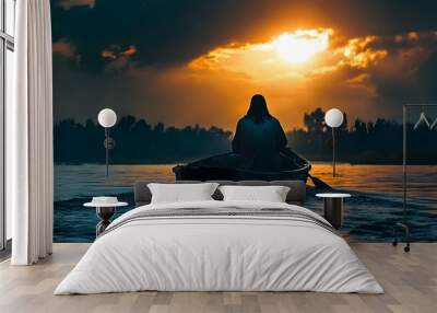 Silhouette of Jesus Christ in a boat calming the storm, symbol of peace and authority over nature. Wall mural