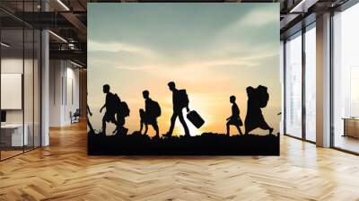 Silhouette of refugees people walking Wall mural