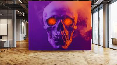 skull on a solid purple background, orange smoke goes through the eyes of the skull modern Halloween poster Wall mural