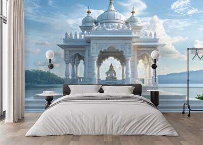 small hindu temple with white marble on senic green landscape with blue sky Wall mural