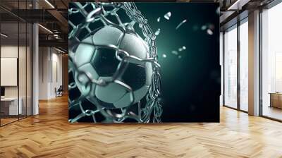 Soccer ball made of metal breaking metal net. Concept of football goal, with ball breaking the metal chain net, 3d illustration Wall mural