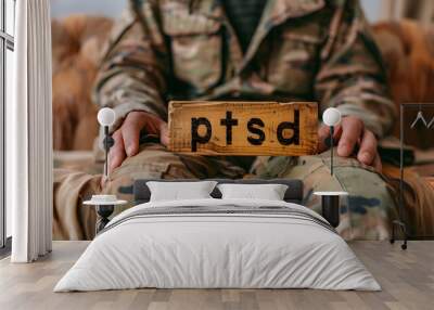 Soldier hands, holding wood block and sofa for therapy, ptsd and help for mental health problem from Ukraine war. Military professional, wooden sign or depression on couch after international combat Wall mural