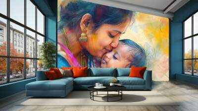 south indian young woman playing and kissing her baby Wall mural