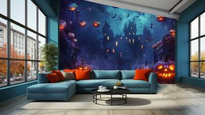 Spooky halloween illustration, pumpkins castle, dark, cartoon style for kids. High quality photo Wall mural