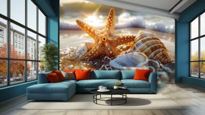 starfish and seashell on the summer beach in sea water. Wall mural