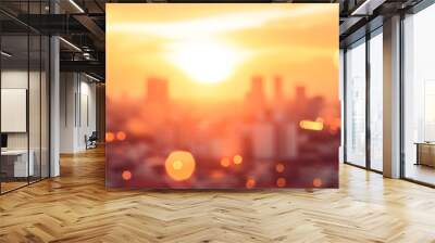 Summer sun blur golden hour hot sunset sky with city rooftop view background cityscape office building landscape blurry urban warm bright heat wave lights skyline heatwave bokeh for evening party Wall mural