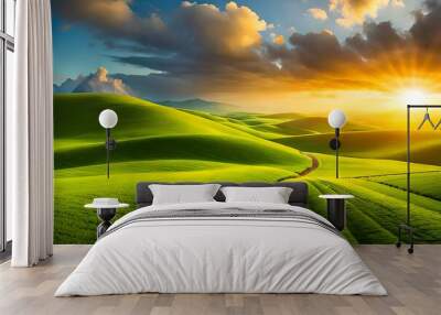 sunset over green field Wall mural