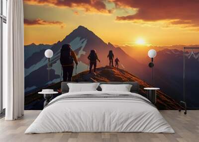 sunset over the mountains and hiking freinds Wall mural