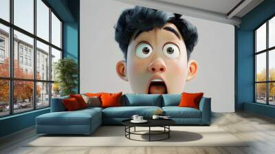 Surprised shocked scared Asian cartoon character young adult man male guy boy person portrait with opened mouth in 3d style design on light background. Human people feelings expression concept Wall mural