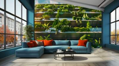 Sustainable building exterior made of recycled materials, featuring living green walls and water conservation systems. Sustainable green building. Eco-friendly building. Green architecture. Wall mural