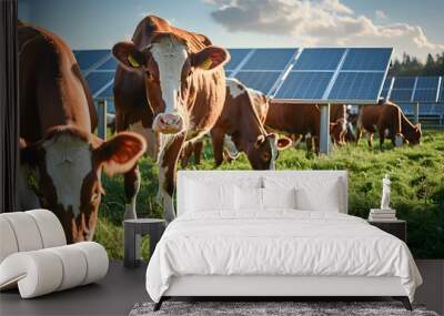 Sustainable energy and agriculture concept with cows grazing between solar panels Wall mural