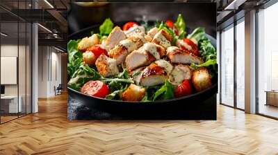 Tasty chicken Caesar salad featuring Parmesan cheese, tomatoes, croutons, and creamy dressing Wall mural