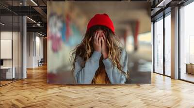 Teenage girl covering face, symbolizing high school bullying and loneliness or exclusion from social life. Shallow field of view. Wall mural