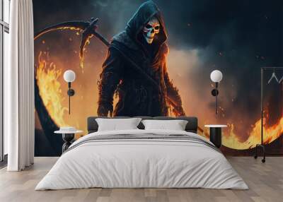 The Grim Reaper rises slowly out of a burning lake of flames, carrying a double-edged scythe, looking ominously at the camera. Wall mural