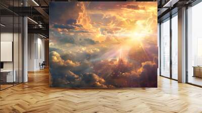 The holy city descending from the heavens, depicted with futuristic architecture and radiant with divine light, set against a backdrop of a new heaven and a new earth, with copy space Wall mural