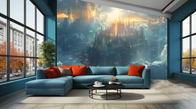 The holy city descending from the heavens, depicted with futuristic architecture and radiant with divine light, set against a backdrop of a new heaven and a new earth, with copy space Wall mural