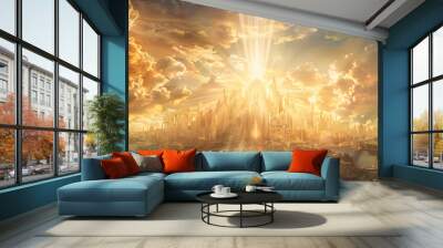 The holy city descending from the heavens, depicted with futuristic architecture and radiant with divine light, set against a backdrop of a new heaven and a new earth, with copy space Wall mural