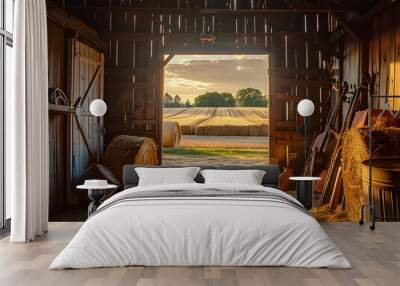 the inside of a barn with door open looking into the fields at golden hour, hay bales, instruments and tools Wall mural