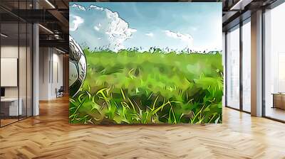 The soccer ball rests peacefully on the lush green grass field, surrounded by happy people in nature. The sky above complements the natural landscape, making it perfect for playing football Wall mural