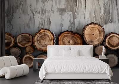 The tree trunks were meticulously cut into one piece and neatly arranged. The arrangement emphasizes the natural grain and variety of wood textures. It showcases the beauty and versatility of wood. Wall mural