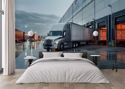 The truck is parked on the loading dock of an industrial warehouse, where many trucks with semi-trailers load goods Wall mural