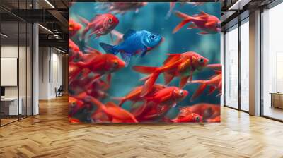 there is a school of fish with red fish, a single blue fish swims behind it Wall mural