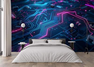 Thin circuit trace lines in blue on a dark technology background. Abstract digital tech bg. Electronics and computer technology concept. Chip and circuit board. Vector illustration. Chip connectors. Wall mural