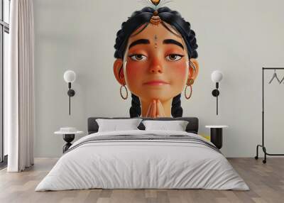 Think pray dream Indian cartoon character young adult woman girl person portrait in 3d style design on light background. Human people feelings expression concept Wall mural