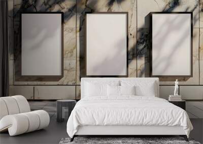 three blank poster frames next to a marble wall, in the style of outdoor art, multiple screens, minimalist strokes, lightbox, phoenician art, streetscape, light brown Wall mural