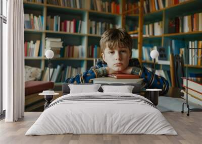 Tired frustrated boy sitting at table with many books at home. Angry grumpy kid doing homework. Learning difficulties, education, neurodiversity concept Wall mural