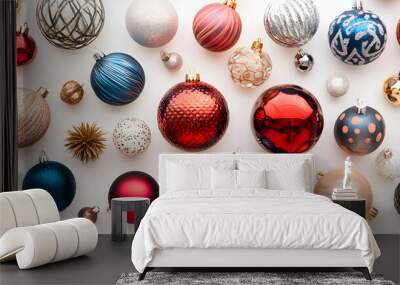 top view of different, colorful christmas baubles lying against white bacgkround Wall mural