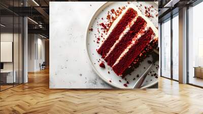 Top view of slice of red velvet cake with copy space on white background. Wall mural