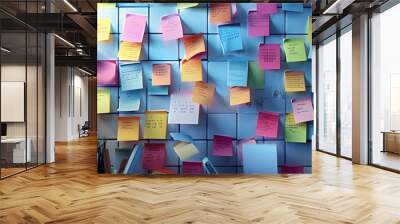 Top view on messy office desk with laptop, coffee and post it notes all around. Wall mural