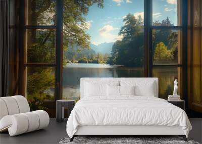 Tranquil view from a window overlooking a lake Wall mural