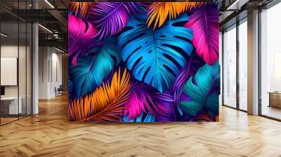 Tropical background with monstera leaves and palm leaves in vivid colorful neon colors, flat lay of seamless pattern. Top view, colourful background. Wall mural