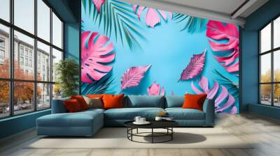 Tropical bright colorful background with exotic painted tropical palm leaves. Minimal fashion summer concept. Flat lay. Wall mural