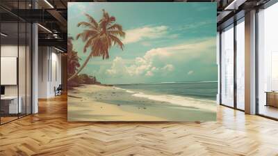 Tropical sandy ocean beach with palm trees vintage toned with film distress flare Wall mural