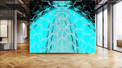 turquoise on black hexagonal glowing and exploding mosaic Wall mural