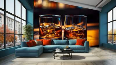 two glasses filled with whiskey on top of a bar table Wall mural