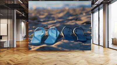 Two pairs of flip flops standing on the beach, one pair light blue and one pair dark blue Wall mural