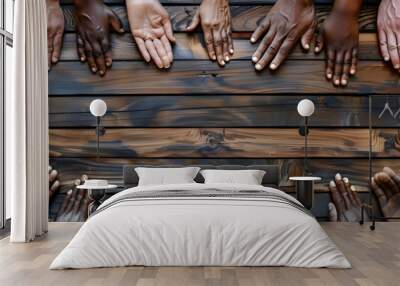 Unity diversity teamwork concept with diverse hands on rustic wooden table Wall mural